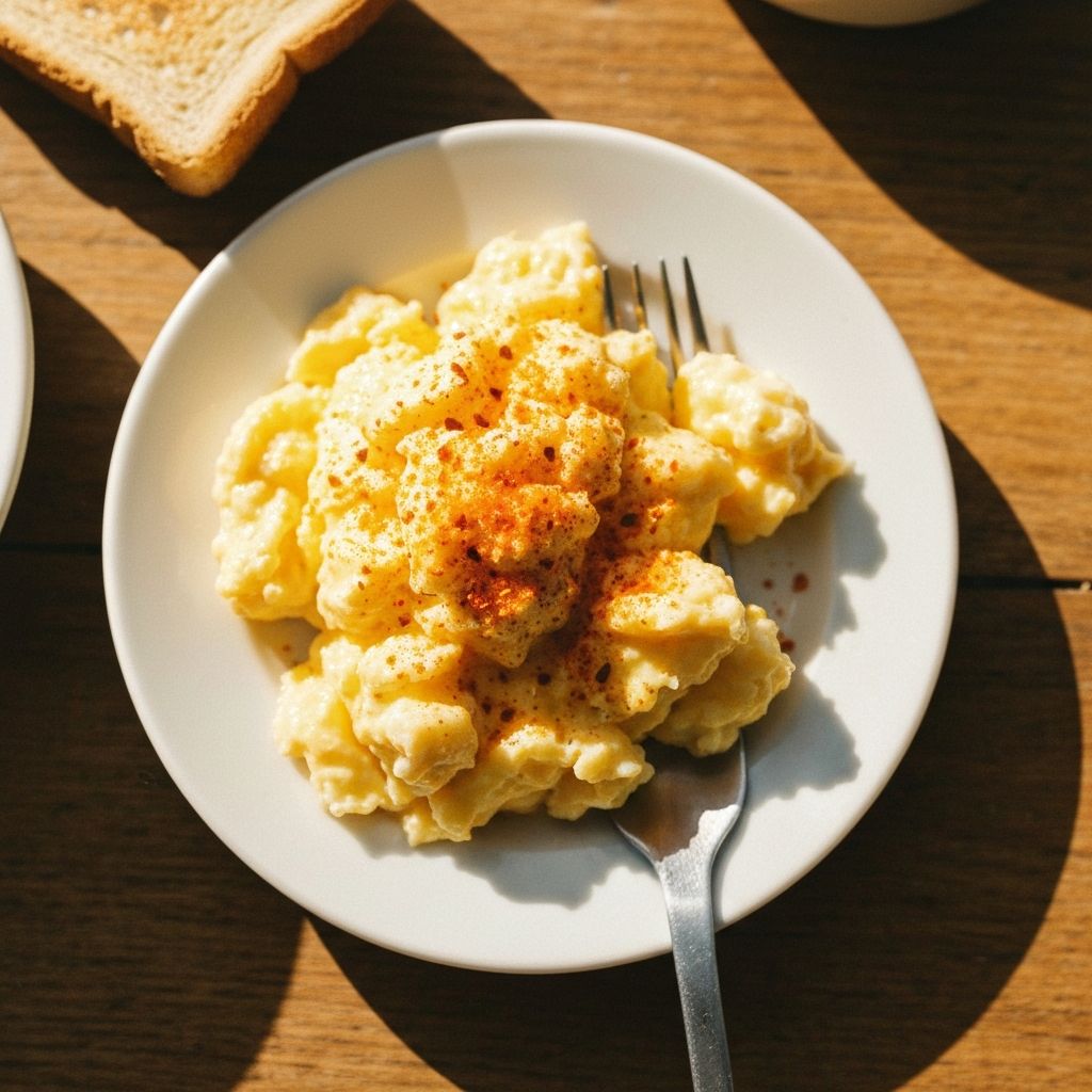 Scrambled eggs sprinkled with Gus Dust seasoning