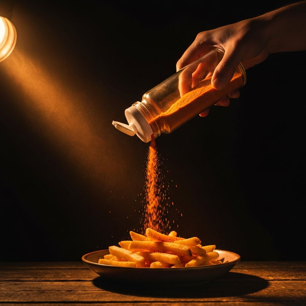 Gus Dust bottle shaking orange seasoning over a plate of hot fries