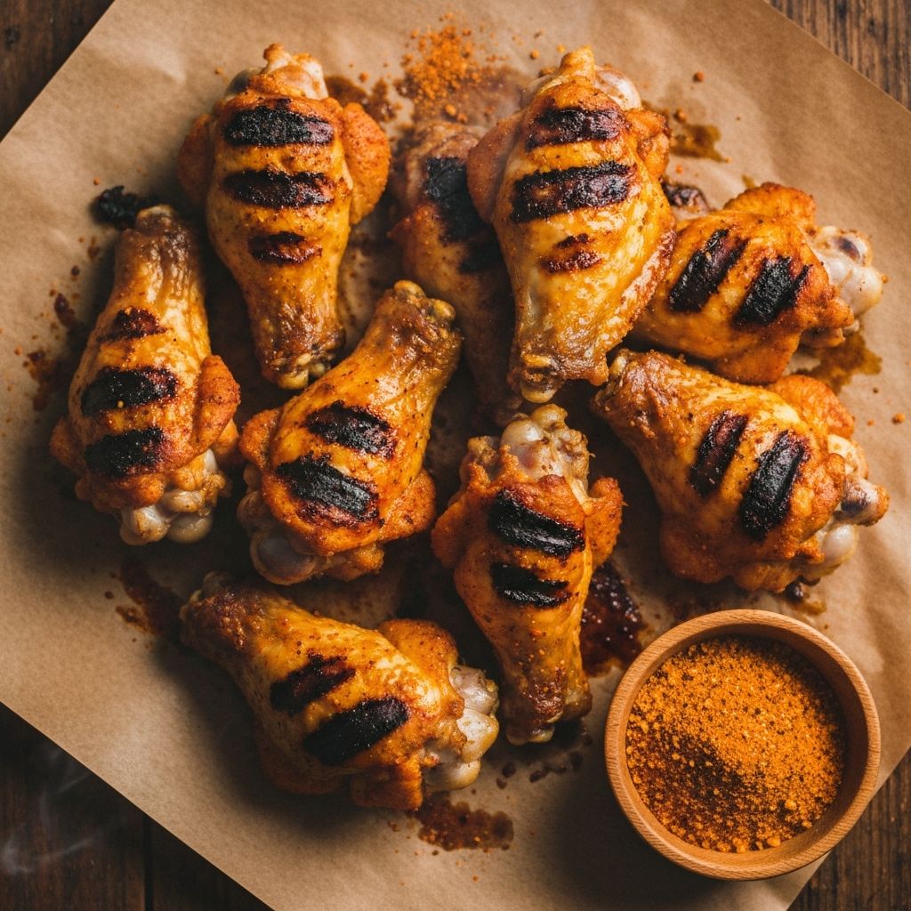 Grilled chicken wings coated in Gus Dust rub