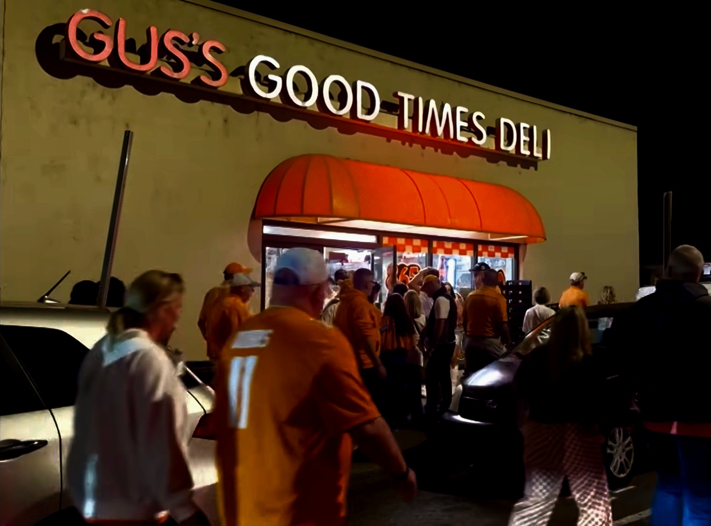 Gus's Good Times Deli at night