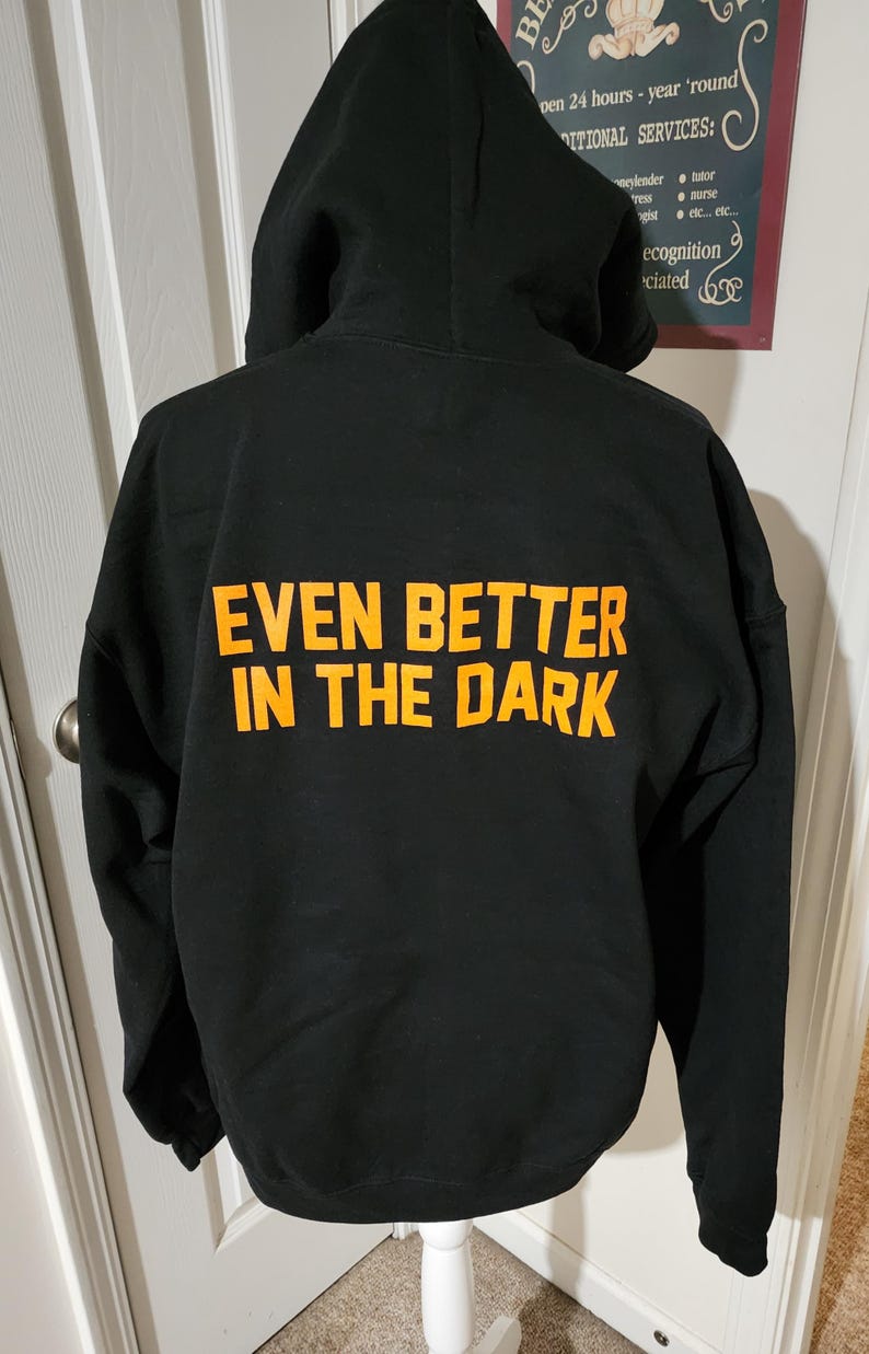 Black Gus's Good Times Deli hoodie - back reading Even Better in the Dark